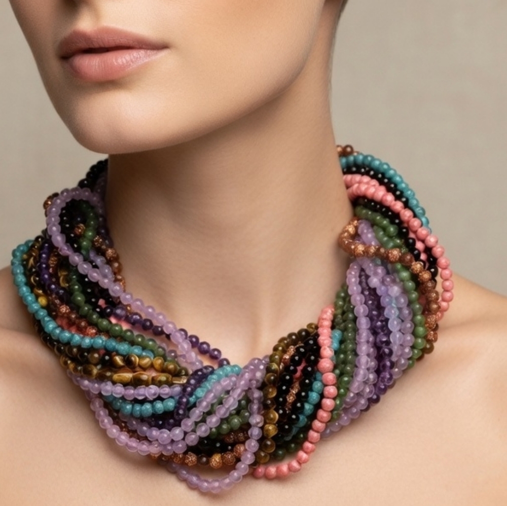 Multicolor Beaded Twisted Statement Necklace - Wo… - image 1